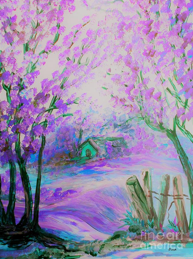 Pink Abstract Landscape with Trees and Cottage Painting by Eloise Schneider Mote