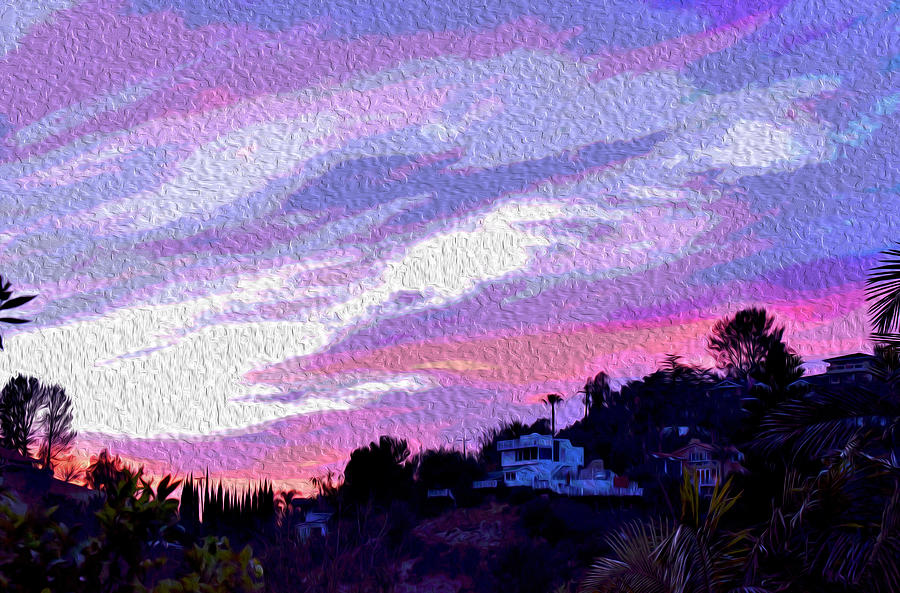 Pink and Blue Clouds IX with Posterized and Oil Paint Effect  Photograph by Linda Brody