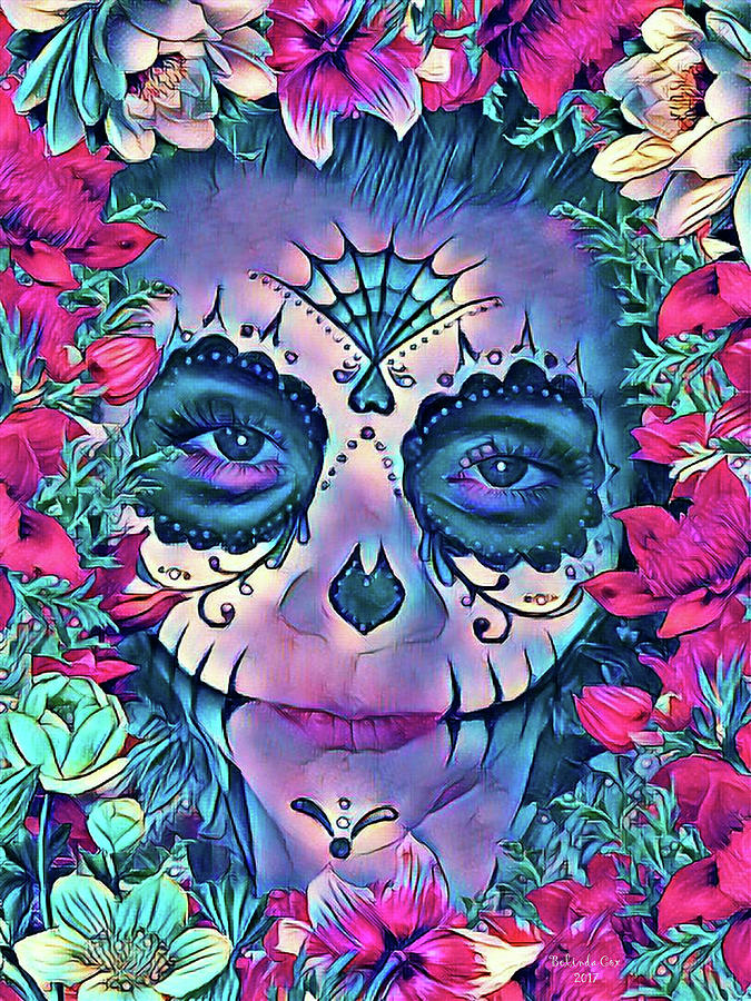 Pink and Blue Skelton Face Digital Art by Artful Oasis