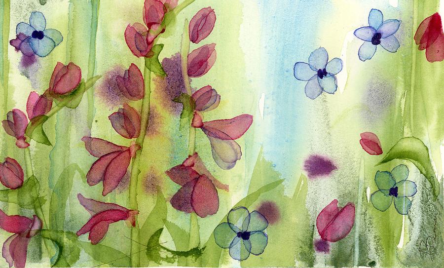 Pink and Blue Wildflowers Painting by Dawn Derman