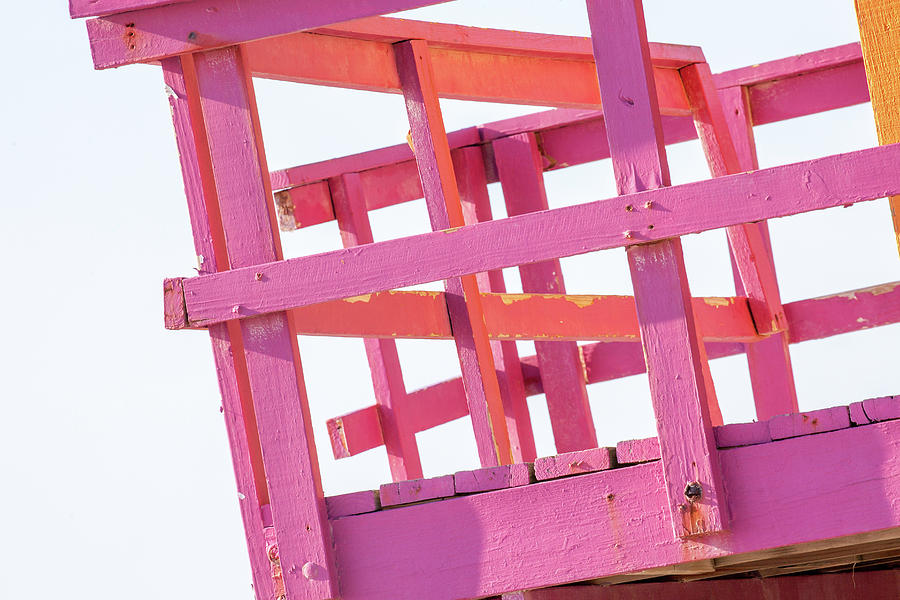 Abstract Photograph - Pink and Orange Lifeguard Tower by Art Block Collections