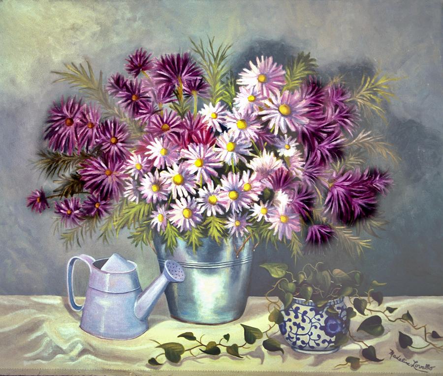 Pink and Purple Floral in a Pail with a Watering Can Painting by Madeline  Lovallo