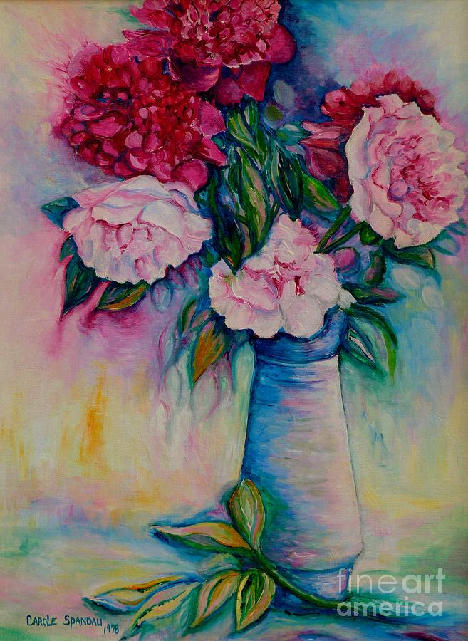 Pink And Red Peonies In Blue Vase Cut Flowers Oil Painting From My Garden By Carole Spandau Painting by Carole Spandau