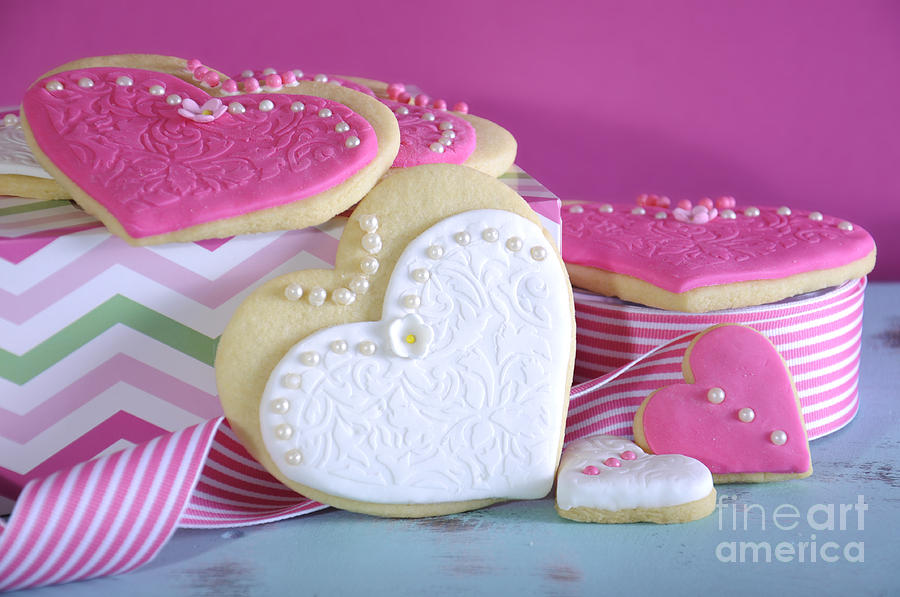 Vintage Photograph - Pink and white cookies with feminine design. by Milleflore Images