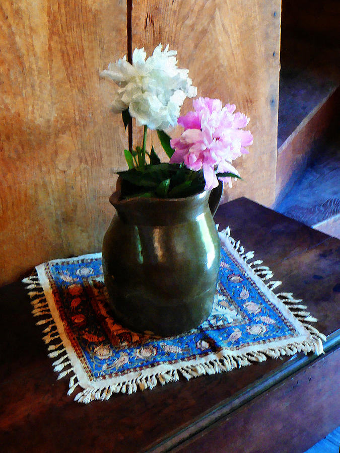 Pink and White Peonies in Green Jug Photograph by Susan Savad