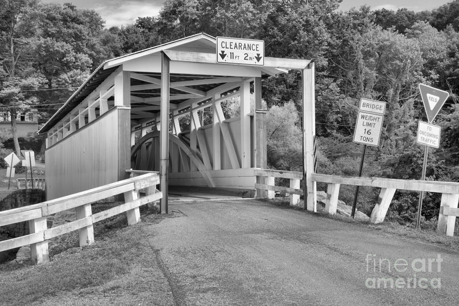 Pink And White Ryot Covered Bridge Black And White Photograph by Adam Jewell