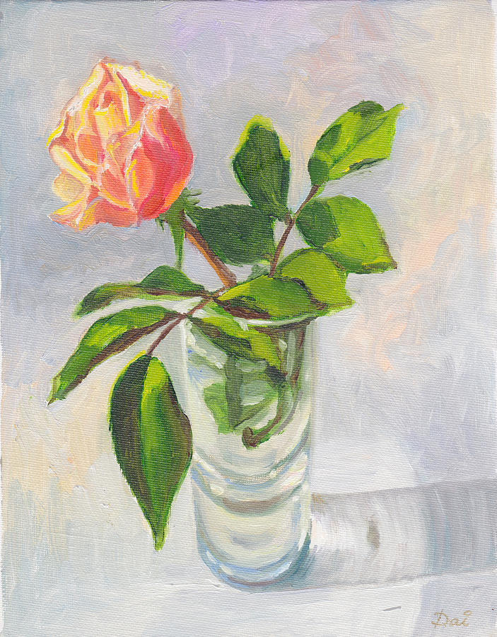 Pink and yellow rosebud in a glass vase Painting by Dai Wynn