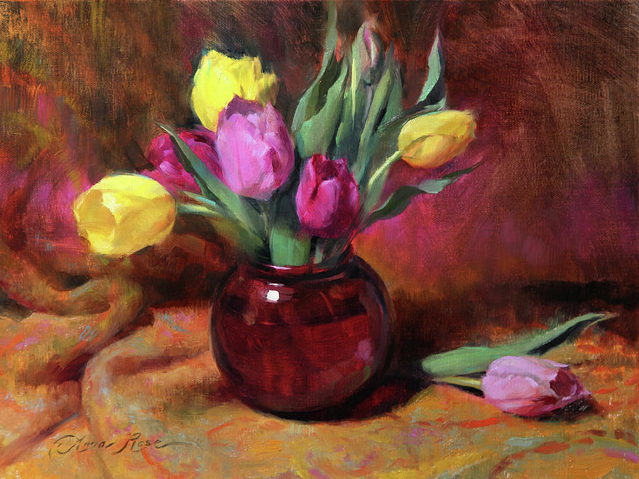 Tulip Painting - Pink and Yellow Tulips by Anna Rose Bain