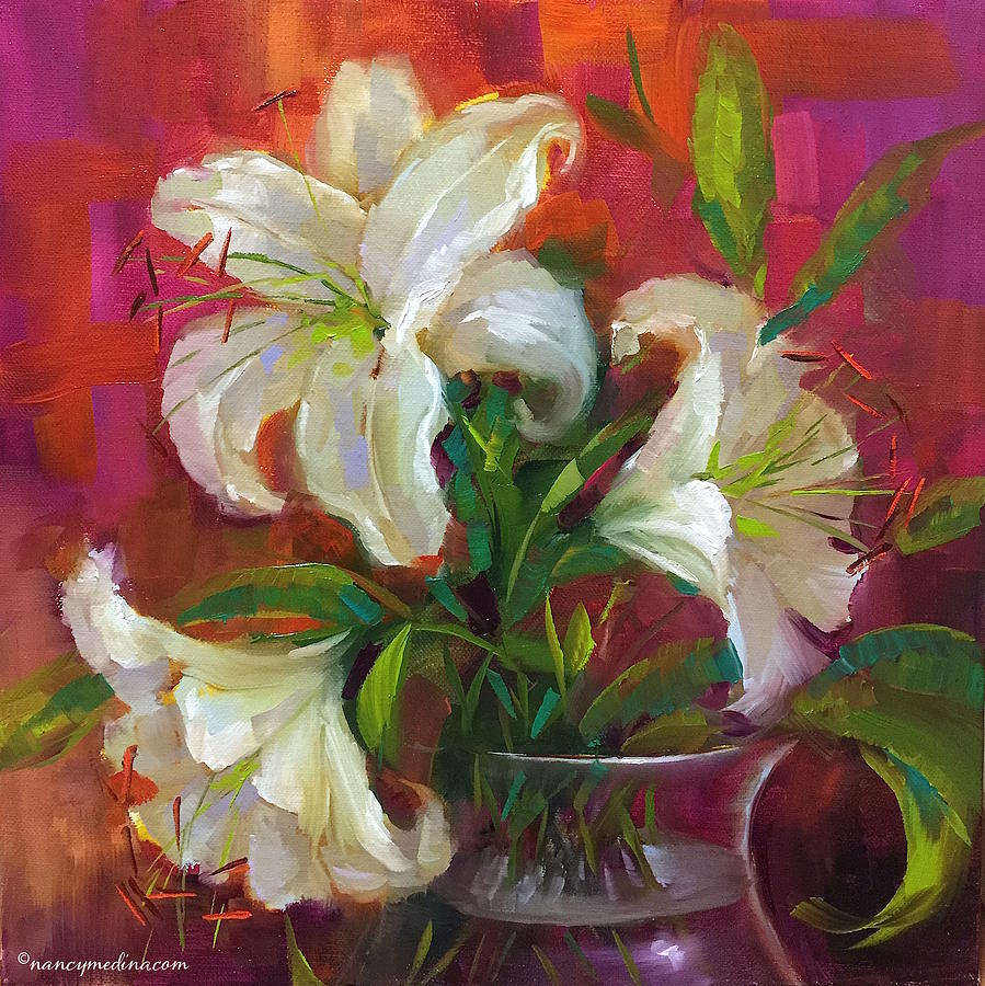 Pink Angel White Lilies Painting by Nancy Medina