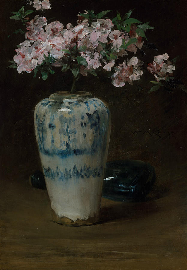 Pink Azalea - Chinese Vase Painting by William Merritt Chase