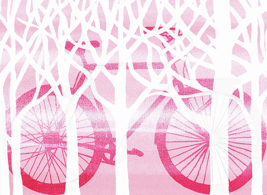 Abstract Painting - Pink Bicycle White Forest Silhouette by Irina Sztukowski