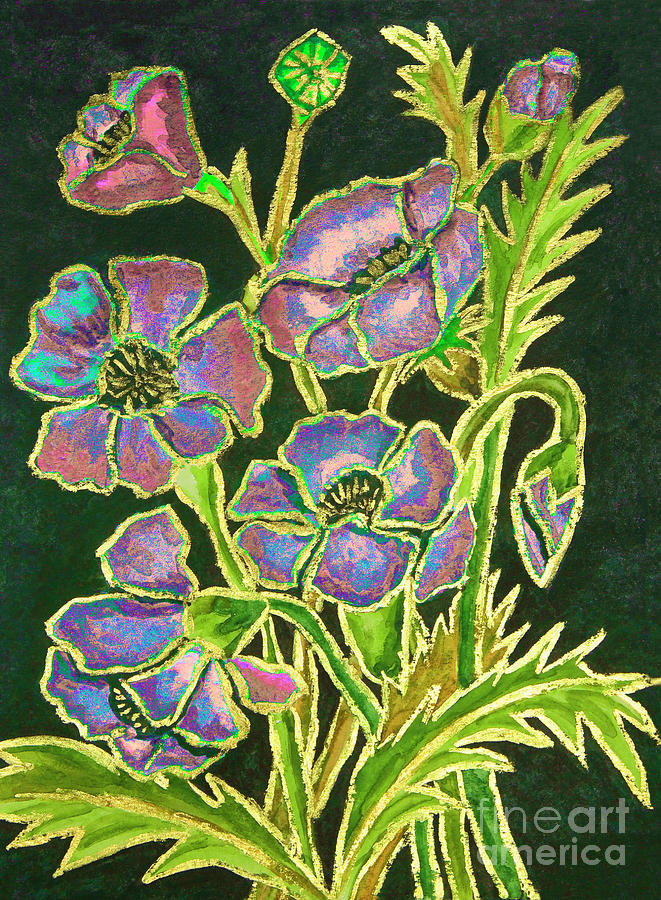 Pink-blue poppies on black background, painting Painting by Irina Afonskaya
