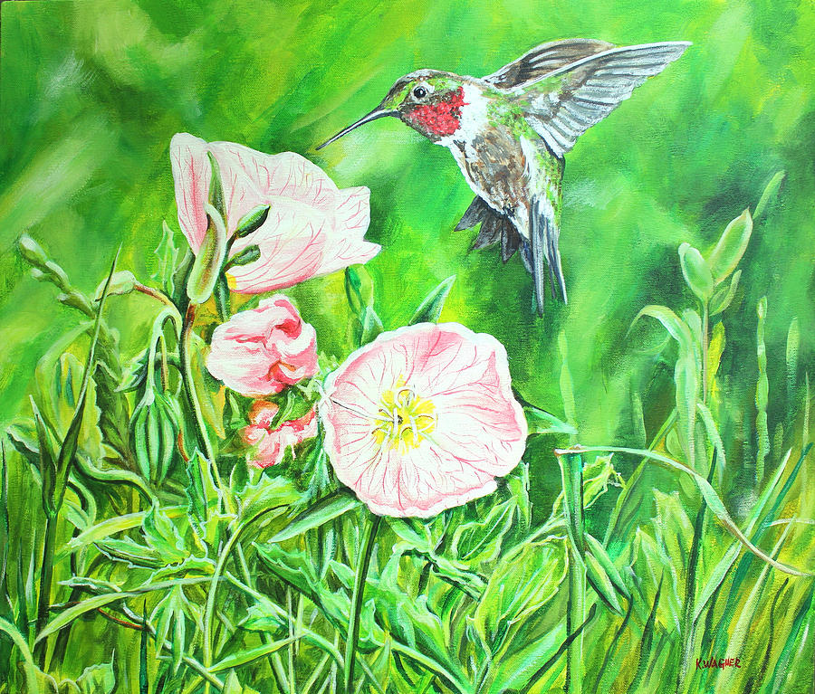 Pink Buttercups and Hummingbird Painting by Karl Wagner