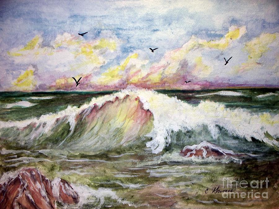 Pink clouds on surf Painting by Carol Grimes