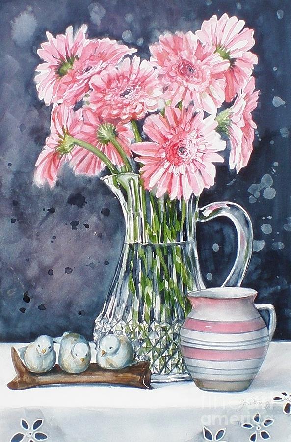 Pink Daisies in Crystal Pitcher Painting by Jane Loveall