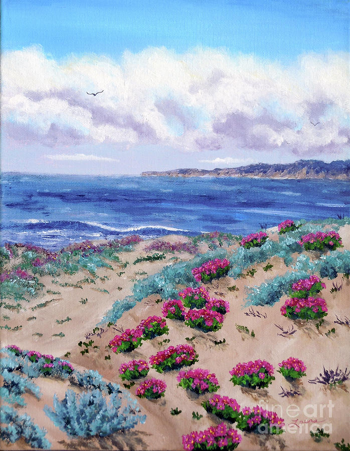Pink Daisies in Sand Dunes Painting by Laura Iverson