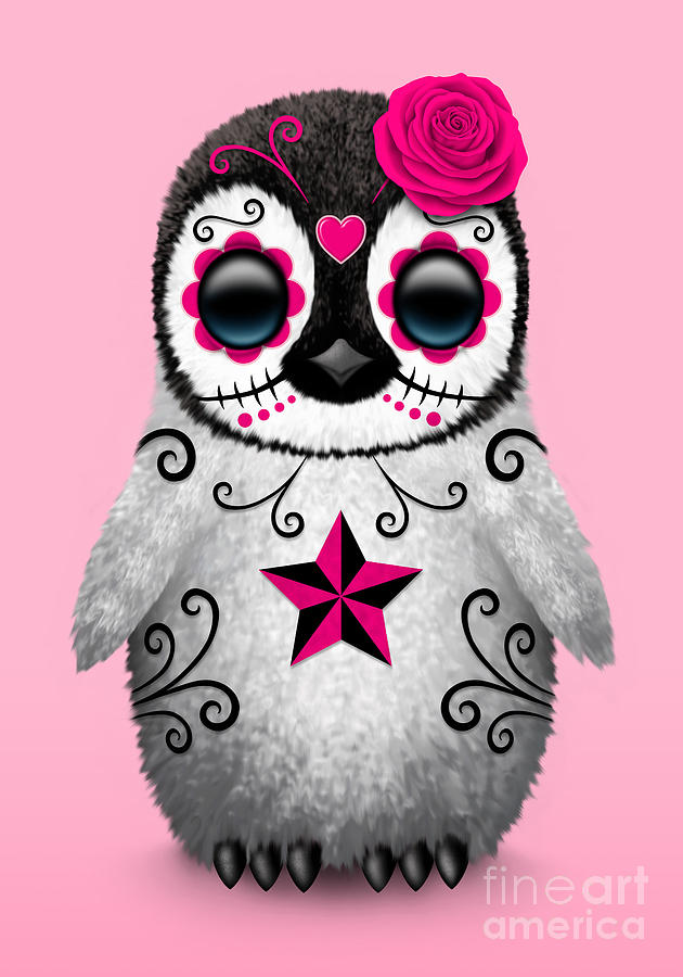 Penguin Digital Art - Pink Day of the Dead Sugar Skull Penguin by Jeff Bartels