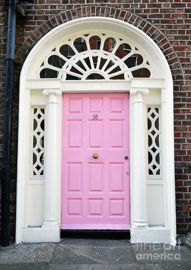 Pink Doors of Dublin Ireland Classic Georgian Style with Columns and Ornate Transom Photograph by Shawn OBrien