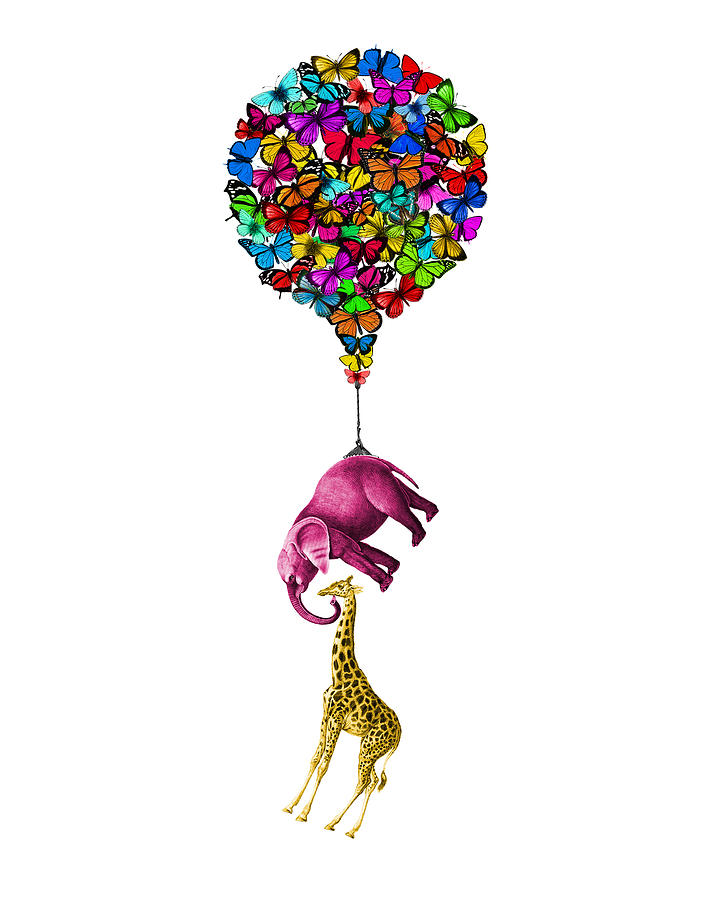 Pink elephant and giraffe hanging from a butterfly balloon Digital Art by Madame Memento