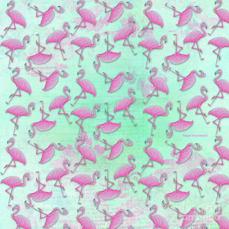 Pink Flamingo Toss Pattern Aqua Background by Megan Duncanson of MADART Digital Art by Megan Aroon