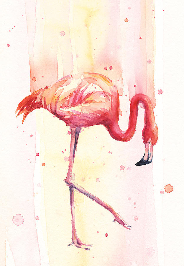 Flamingo Painting - Pink Flamingo Watercolor Rain by Olga Shvartsur