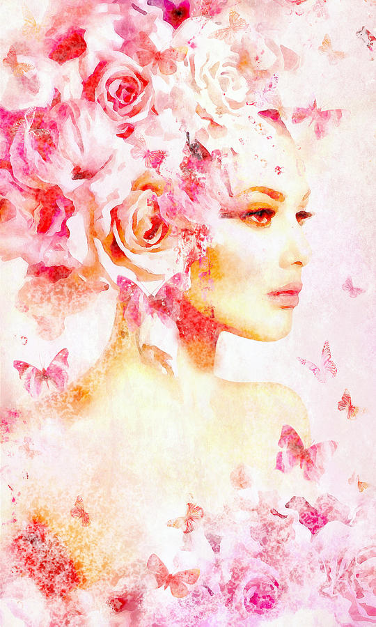 Pink Floral Nymph in watercolor Digital Art by Lilia D