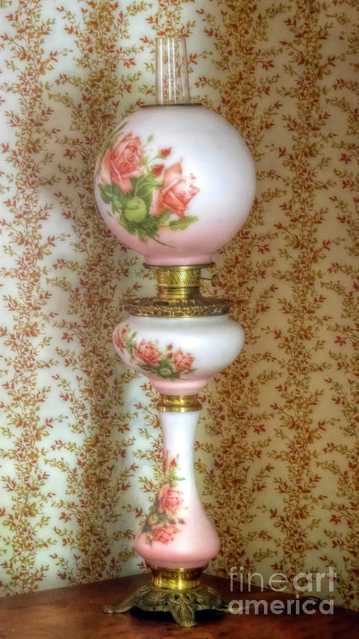 Pink Floral Victorian Hurricane Lamp by Joseph Rainey