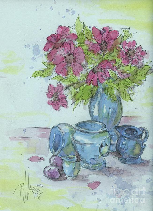 Pink Flower With Blue Pottery Drawing by PJ Lewis