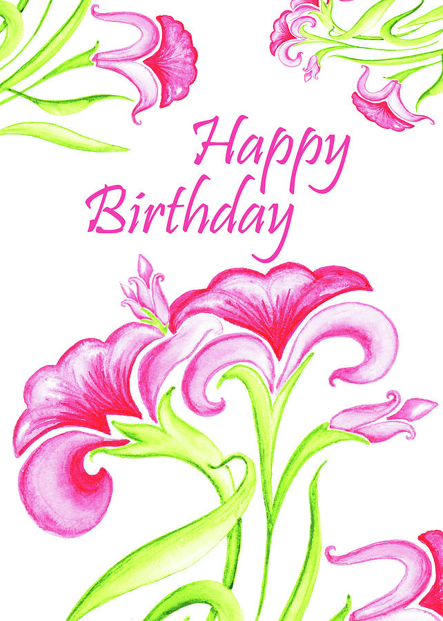 Pink Flowers Birthday Card Painting