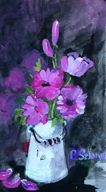 Flower Painting - Pink flowers in can by Barbara Szlanic