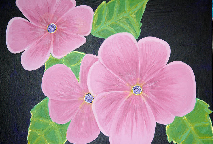 Pink Flowers On Black Background Painting By Sarah England Rocca