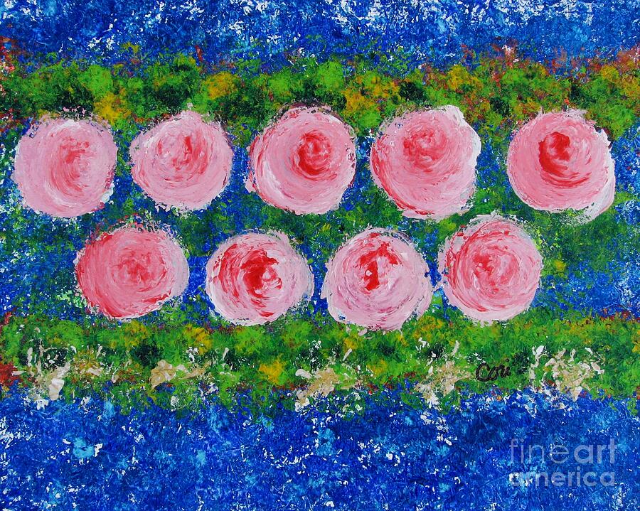 Pink Flowers on Green and Blue Painting by Corinne Carroll
