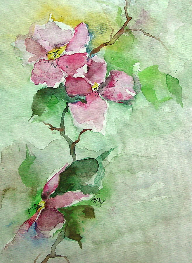 Pink Flowers on Branch Painting by Robin Miller-Bookhout