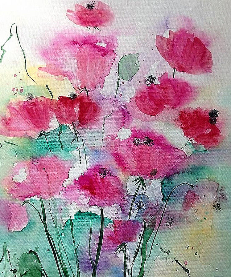 Pink Flowers On The Meadow  Painting by Britta Zehm