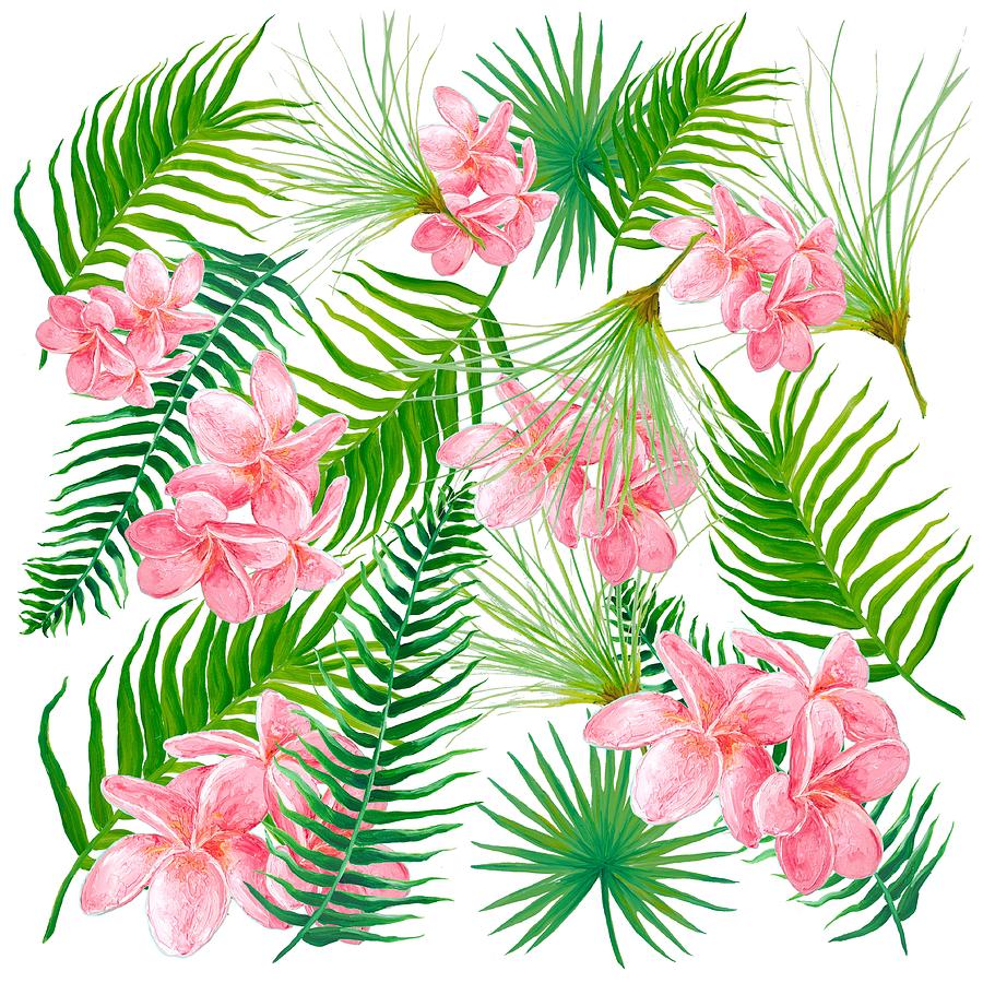 Pink Frangipani And Fern Leaves Painting