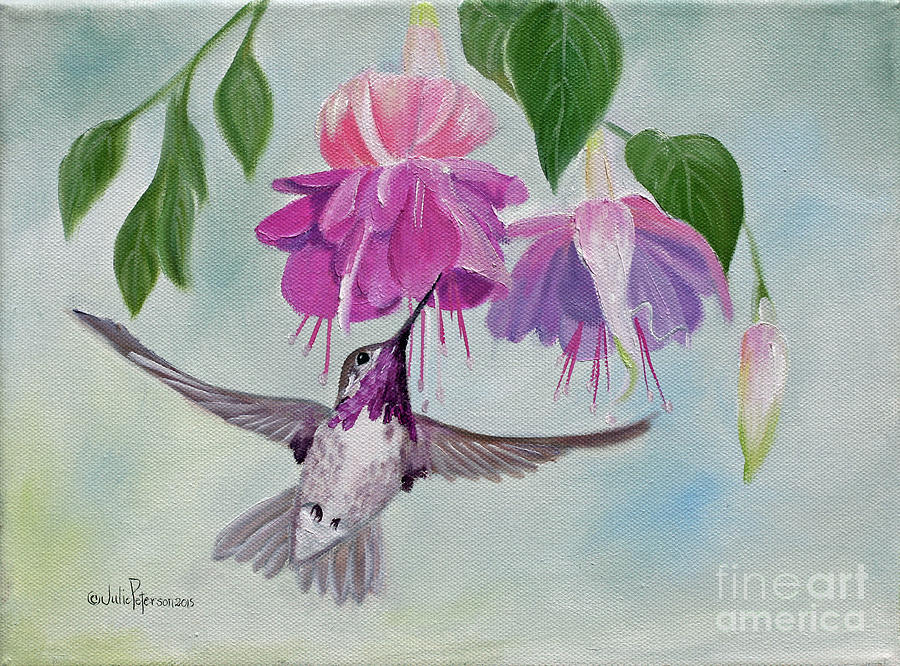 Pink Fuchsias and Hummer Painting by Julie Peterson