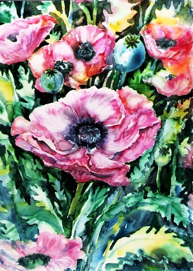 Pink Garden Poppies  Painting by Trudi Doyle