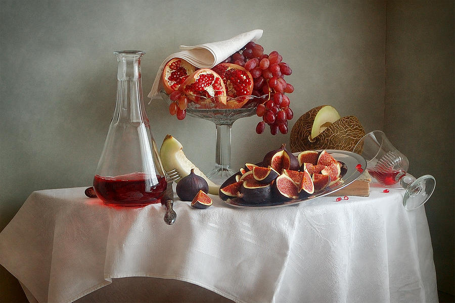 Still Life Photograph - Pink Grapes, Pomegranates and Figs by Nikolay Panov