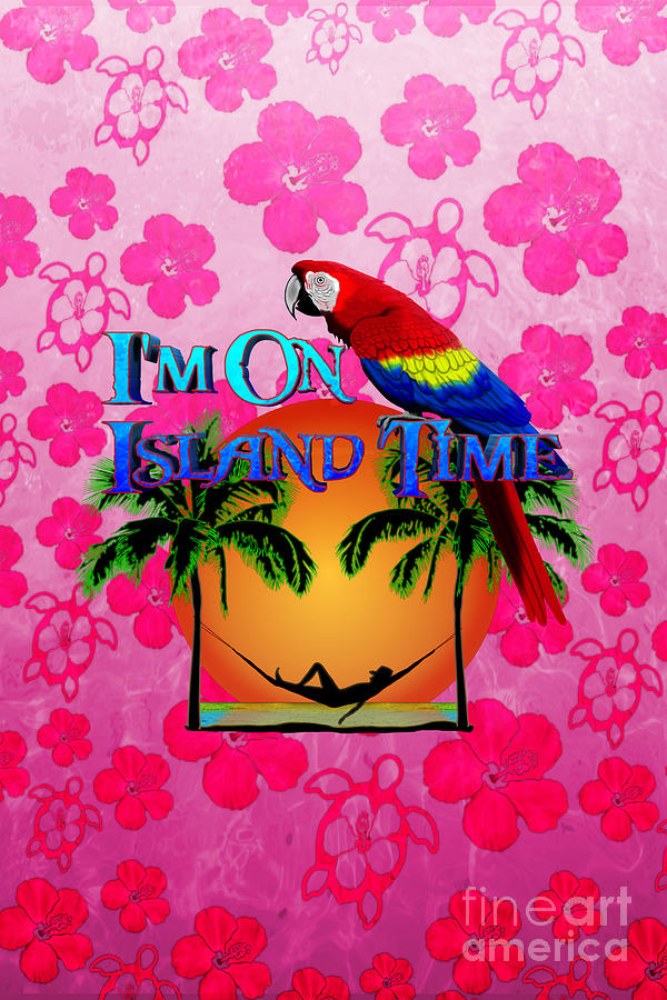 Parrot Digital Art - Pink Hibiscus Island Time And Parrot by Chris MacDonald