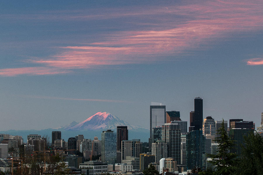 Seattle Photograph - Pink Highlights over Seattle-Mt. Rainier by E Faithe Lester