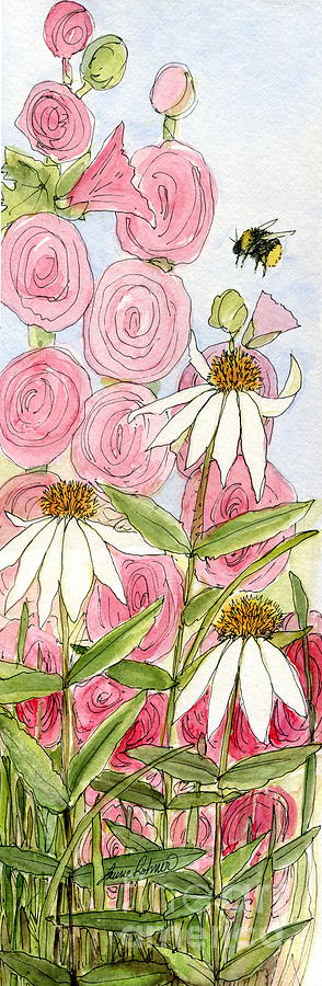 Pink Hollyhock and White Coneflowers Painting by Laurie Rohner