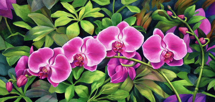 Pink Jungle Orchids Painting by Nancy Tilles