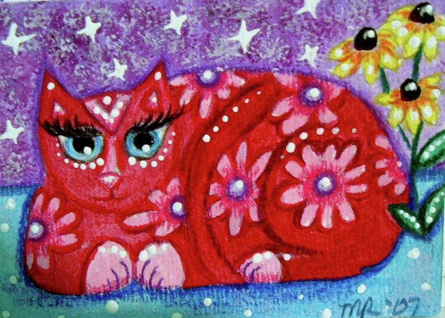 Pink Kitty Cat with Black Eyed Susans Painting by Monica Resinger