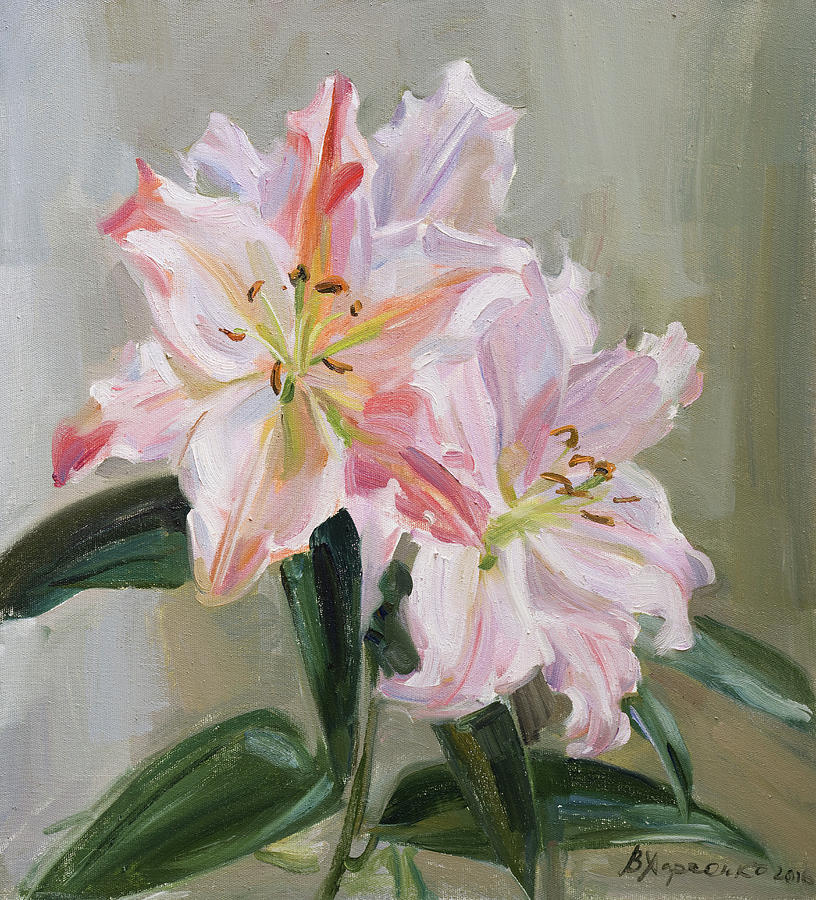 Pink lilies Painting by Victoria Kharchenko