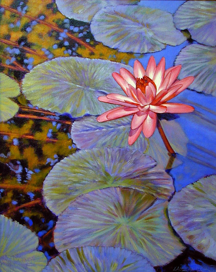 Pink Lily With Silver Pads Painting by John Lautermilch