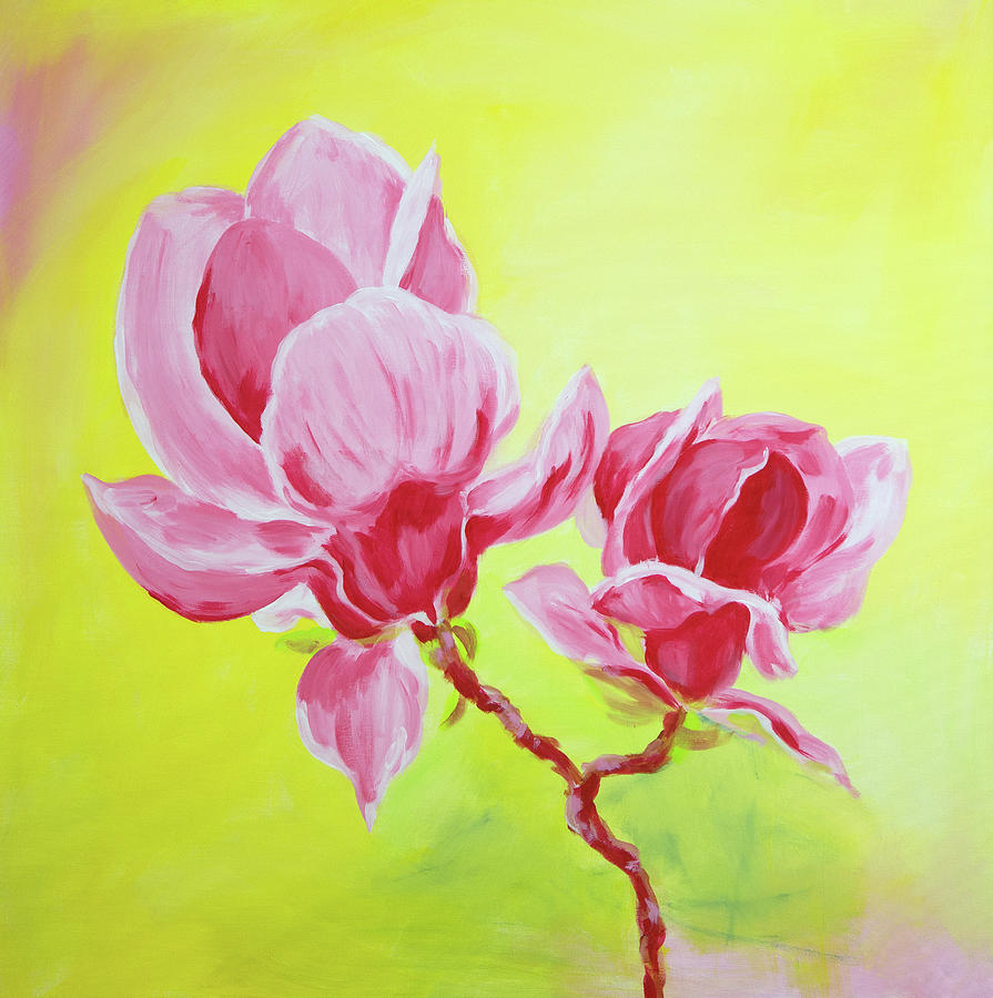 Pink magnolia blossom acrylic painting Painting by Karen Kaspar