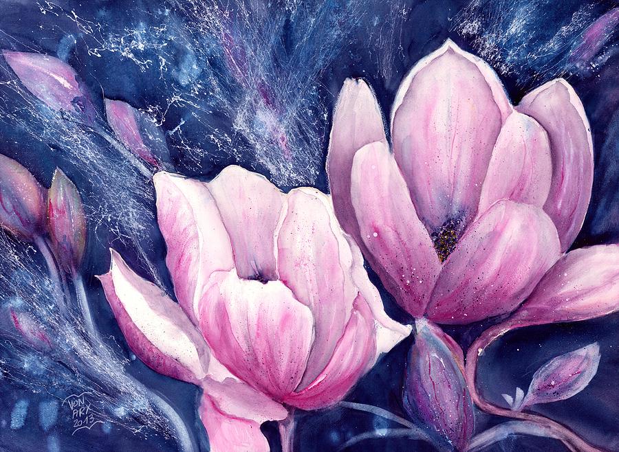 Pink Magnolia Flowers Painting by Sabina Von Arx
