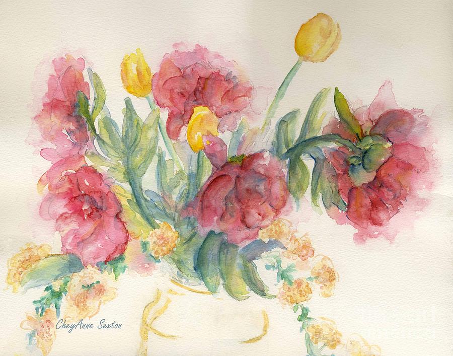 Pink Peonies And Yellow Tulips Painting