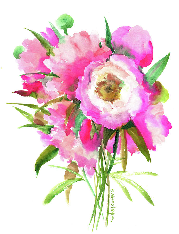Vintage Painting - Pink Peonies, Flowers, Pink Floral Design by Suren Nersisyan