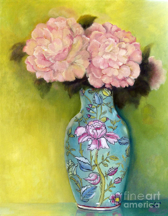 Pink Peonies in an Aqua Vase Painting by Marlene Book